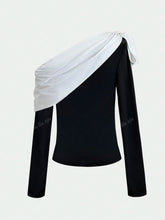 Women's Elegant Off Shoulder Black And White Contrast Tie Bow Bodycon Cold Shoulder T-Shirt, Autumn/Winter